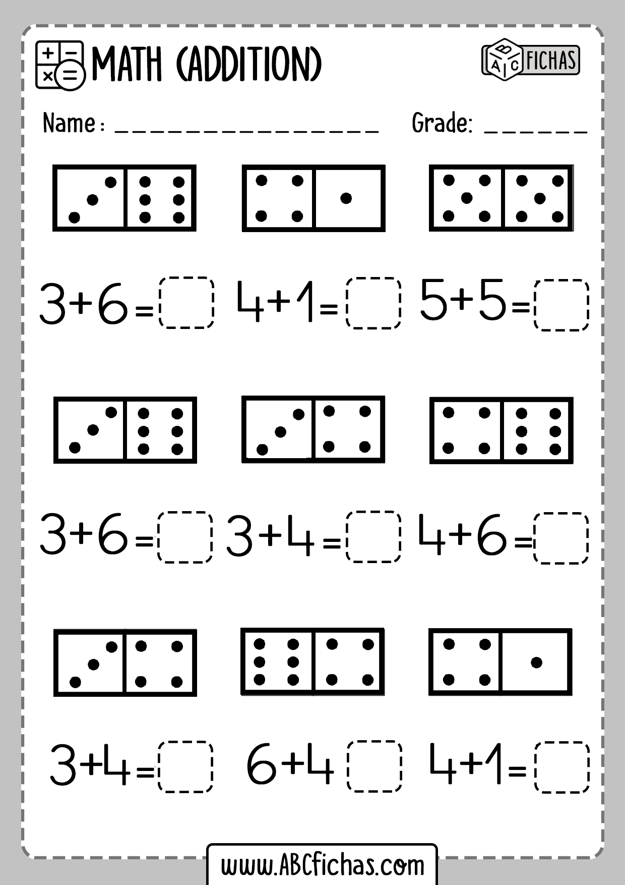 Printable Kindergarten Math Worksheets Domino Addition ABC Fichas