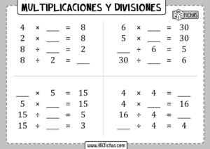 Fichas de ejercicios con multiplicaciones y divisiones