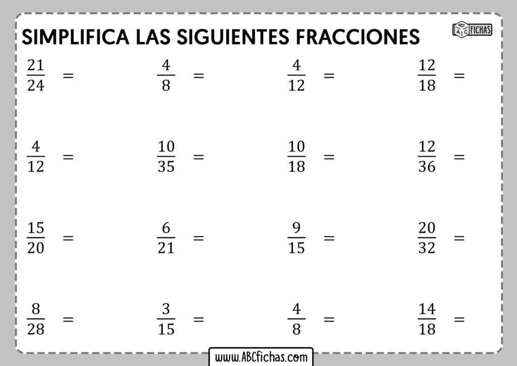 Fichas De Ejercicios Con Fracciones Simplificacion Abc Fichas 5110