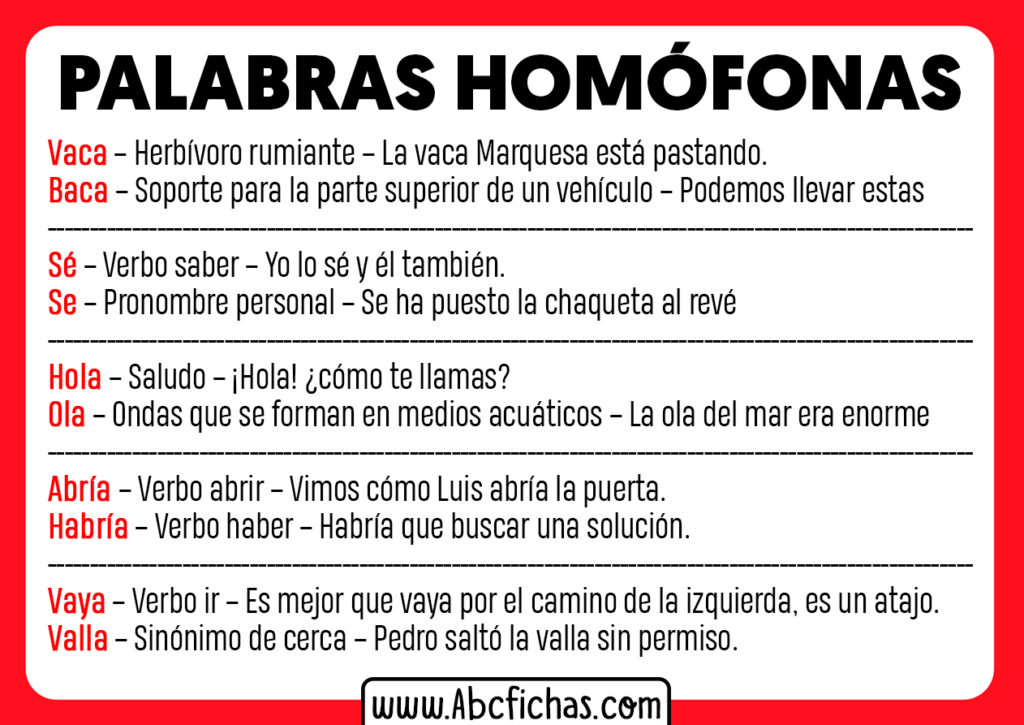 Palabras Homofonas Y Ejemplos - ABC Fichas